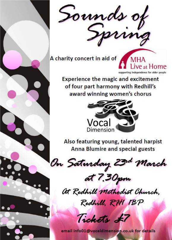 See Vocal Dimension Chorus perform live at Redhill Methodist Church at 7.30pm on Saturday 23rd March 2013